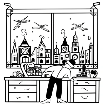 A steampunk inventor with a top hat and goggles is hunched over a intricately designed gadget filled with gears and pipes on a wooden workbench. The inventor is surrounded by various tools and blueprints scattered across the table. Outside the large window, dragons with elongated bodies and wings are soaring above a detailed clockwork city, where buildings made of brass and copper blend into the skyline. The city features towering spires and large clock faces, with smoke rising from chimneys scattered throughout the scene.