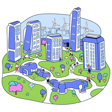 A futuristic cityscape featuring numerous sleek, tall buildings with glass facades reflecting sunlight. The buildings have unique shapes, some with rounded edges and others with sharp angles. Interspersed between the structures are vibrant green spaces filled with trees, grasses, and flowering plants. Pathways meander through the greenery, and people can be seen walking and enjoying the outdoors. In the background, a tidal energy facility is visible, with large turbines smoothly turning in the water, symbolizing the clean energy powering the city. The sky is clear and blue, enhancing the modern aesthetic of the city.