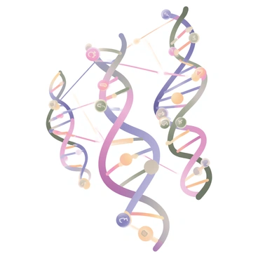 A digital flat illustration depicting multiple DNA strands intertwined and connected by colorful lines, symbolizing a genetic network. Each DNA strand is represented in vibrant colors, showcasing the double helix structure with detailed nucleotide bases. The lines connecting the strands are in varying shades of blue and green, illustrating the connections and relationships within the genetic network. The background is a subtle gradient, enhancing the focus on the DNA strands and their connections. Small icons representing genes and traits are placed along the lines to emphasize the genetic interactions.