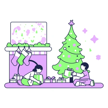 A festive December evening is depicted in a cozy living room setting. In the corner, there is a Christmas tree, adorned with various decorations such as sparkling lights and colorful ornaments. Below the tree, several wrapped gifts are neatly arranged, showcasing different shapes and sizes. Two children are sitting on the floor, excitedly exchanging gifts. One child is holding a brightly wrapped box, while the other eagerly watches. Soft shadows are cast around the room, creating a warm atmosphere. A few stockings hang from the fireplace, adding to the festive decor.