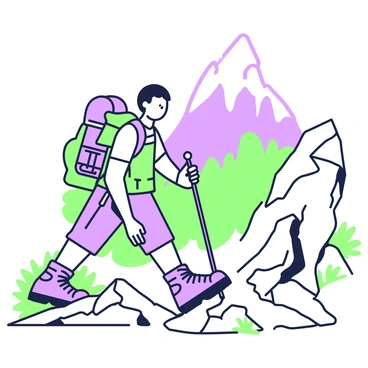 A determined hiker is walking along a rocky mountain path. The hiker is wearing a backpack and sturdy hiking boots, with a focused expression on their face. The path is steep and surrounded by jagged rocks and sparse vegetation. In the background, a distant peak rises prominently against the sky. The peak is partially shrouded in clouds, suggesting a challenging journey ahead. The sunlight casts sharp shadows on the rocks, enhancing the rugged terrain.