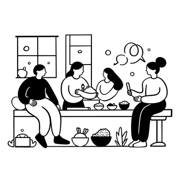 A group of three family members in a kitchen, each engaged in preparing haldi paste. One person is grinding turmeric roots in a traditional stone mortar, while another is measuring out spices with a wooden spoon. The third family member is mixing the haldi paste in a bowl, with small bowls of various spices lined up nearby. Light sees through a window, casting shadows across the kitchen countertop. "Laughter" and "chatter" are depicted by scattered speech bubbles around the family, emphasizing their joyful atmosphere. There are ingredients and utensils scattered around, including a rolling pin and some fresh herbs.