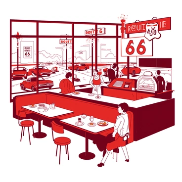 A red and white retro 1950s diner is bustling with travelers on Route 66. Inside the diner, patrons are seated at chrome-edged tables and red vinyl booths, enjoying plates of food. A waitress with an apron is serving a group of travelers at the counter. Outside the large windows, classic cars and motorcycles parked along the roadside can be seen. Neon signs glow in the background, adding vibrancy to the scene. A jukebox is playing music, and a few customers are engaged in cheerful conversation.