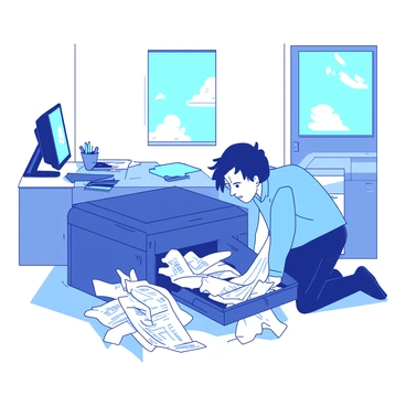 A person frantically trying to fix a jammed photocopier at an office