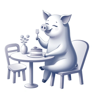 A pig sitting comfortably at a small round table in a cafe. The pig has a content expression, with its eyes half-closed in delight as it enjoys a slice of cake placed on a white plate in front of it. The table is adorned with a small vase holding a single flower. There are a couple of visible chairs around the table, and the cafe has a cozy atmosphere with simple decor. The pig has its front hooves resting gently on the table as it takes a fork in one hoof, preparing to take a bite of the cake.