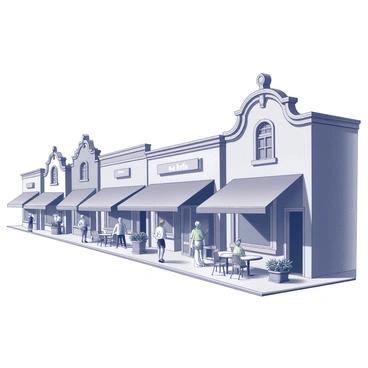 A small-town street with shops and cafes illustrated in charming lines, radiating warmth.