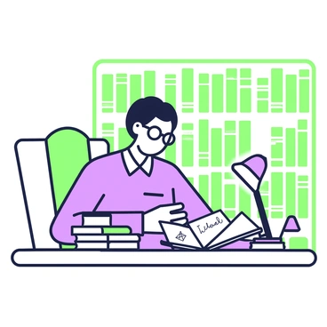 A person is sitting at a wooden table in a library, focused on reading legal journals. The individual has glasses perched on their nose and is dressed in a formal shirt. The table is cluttered with several stacked legal books and a notepad with notes written in neat handwriting. A high-backed chair supports the person as they lean slightly forward, absorbed in the content of the journals. In the background, tall bookshelves filled with neatly arranged books are visible, creating an atmosphere of scholarly pursuit. A single reading lamp casts a soft glow over the table, illuminating the journals.