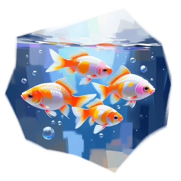 A group of zebrafish swimming gracefully in clear water, their delicate bodies catching the shimmering light. The scene is illuminated by "moonlight filtering" through the surface, creating a beautiful display of light and shadow. The water around the fish is a deep blue, with soft ripples that reflect the moon's glow. The zebrafish display their characteristic stripes, standing out against the dark background as they move in unison. Bubbles rise gently around them, adding to the tranquil atmosphere of the underwater environment.