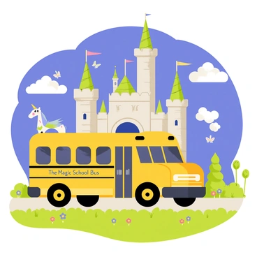 A bright yellow bus with large, round windows is arriving at a castle with tall, spired towers and stone walls. The castle is surrounded by various magical creatures, including a unicorn with a shimmering horn, a dragon perched atop one of the towers, and fairies fluttering in the air. Lush green grass and colorful flowers are scattered around the castle's entrance. The sky is a deep blue with fluffy white clouds, creating a vibrant atmosphere. "The Magic School Bus" is prominently displayed on the side of the bus.