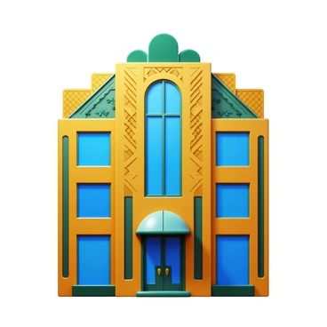 A classic art deco building featuring geometric patterns and bold lines. The facade is adorned with intricate zigzag motifs and stylized floral designs. Large, symmetrical windows are positioned evenly across the structure, reflecting light. The entrance showcases a grand doorway with ornate detailing, complemented by a sleek canopy above. The color scheme includes deep hues of gold and teal, enhancing the vintage feel. The roofline is marked by a distinctive stepped silhouette, adding to the overall architectural elegance.