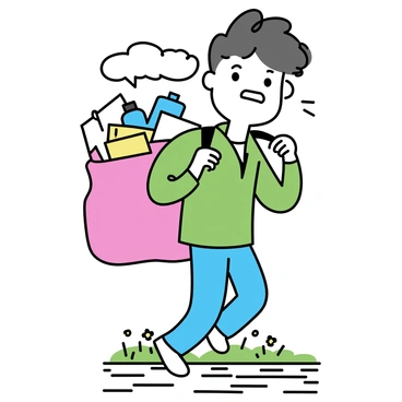 A character struggling to carry an overstuffed bag that is bursting at the seams.