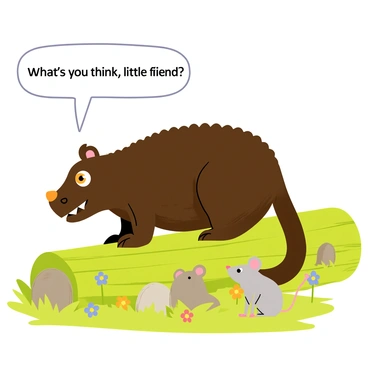 The Gruffalo, a large creature with a dark brown, textured body and distinctive orange eyes, is positioned on a moss-covered log. He is leaning slightly forward, displaying a friendly demeanor. A tiny mouse with soft gray fur sits at the base of the log, looking up at the Gruffalo with curious eyes. The log is surrounded by vibrant green foliage, with small colorful flowers scattered around. The setting is bright and cheerful, highlighting the friendly interaction between the two characters. "What do you think, little friend?" the Gruffalo is asking, emphasizing their light-hearted conversation.