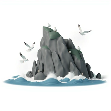 A rugged coastal cliff rises dramatically from the shoreline, with jagged edges and rocky outcrops. The waves below crash forcefully against the rocks, sending up sprays of white foam that catch the sunlight. Nesting seabirds occupy the rocky ledges, some standing watch while others are seen in flight, their wings spread wide against the backdrop of a clear blue sky. The overall scene conveys a sense of wild, natural beauty, with the movement of the waves and the activity of the birds adding life to the landscape.