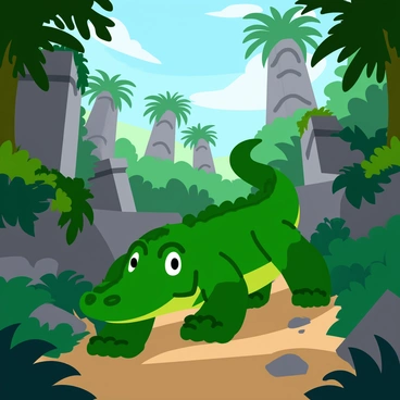 A green crocodile with textured scales is wandering through ancient stone ruins covered in vines and moss. The ruins include crumbling walls and towering columns partially hidden by the dense foliage of the jungle. Sunlight filters through the thick canopy, casting dappled light on the ground. The crocodile's eyes are alert as it carefully navigates the debris and overgrown plants. In the background, towering trees with broad leaves stretch upward, adding to the lush jungle atmosphere.