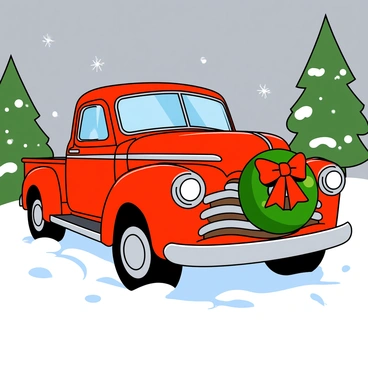 A vintage red truck is parked in a snowy countryside. The truck has a shiny chrome front grill and large round headlights that sparkle in the daylight. A festive green Christmas wreath adorned with a bright red bow is mounted on the front of the truck, adding a holiday touch. The snow covers the ground, creating a thick white blanket, and a few snowflakes gently fall from the gray sky. In the background, there are tall evergreen trees dusted with snow, enhancing the winter scene. The truck's tires are slightly sunk into the snow, emphasizing the chilly environment.