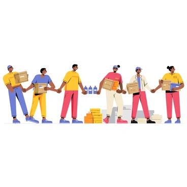 A group of diverse people standing together, forming a long human chain. Each person is passing boxes and supplies hand-to-hand. The individuals wear bright clothing, reflecting their determination and collaboration. Some of them are smiling and encouraging each other, while others are focused on the task at hand. In the background, there are scattered supplies such as water bottles and blankets. The setting appears to be an outdoor area, possibly near a disaster site, with hints of urgency and community spirit.