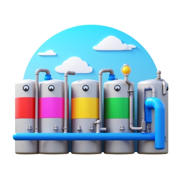 A chemical plant with several large storage tanks storing various colored liquids. The tanks are connected by a complex network of pipes, some curved and others straight, painted in bright industrial colors. There are visible pressure gauges and valves along the pipes, indicating the flow of substances. The background features a clear blue sky and a few clouds, providing a contrasting view to the metallic structures of the plant.