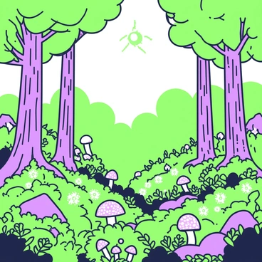 An illustration focusing on the dense green understory of a vibrant forest