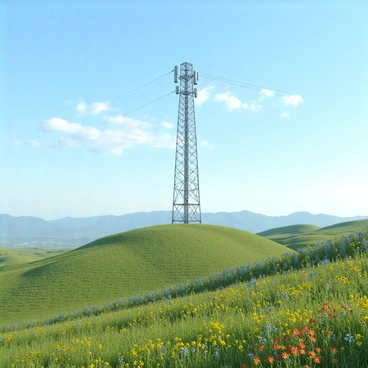 A tall radio tower with a metallic structure and several antennas at the top. The tower is situated on a hill, surrounded by a vast landscape filled with rolling hills, vibrant green grass, and patches of bright wildflowers in various colors, including yellow, red, and blue. In the background, there are distant mountains with a clear blue sky overhead. Wisps of white clouds drift across the sky, and faint signals appear as lines radiating outward from the tower, indicating the transmission of signals.