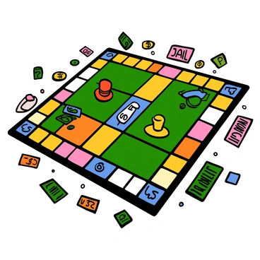 An overhead view of a colorful Monopoly board with vibrant squares and iconic properties. The board features the traditional layout with different colors for each property set. Scattered across the board are various game pieces, including the top hat, thimble, and car, positioned on different properties. Piles of colorful play money in various denominations are placed around the board, creating a lively and engaging atmosphere. The corners of the board show the "Go" space, "Jail," and "Free Parking," each clearly labeled.