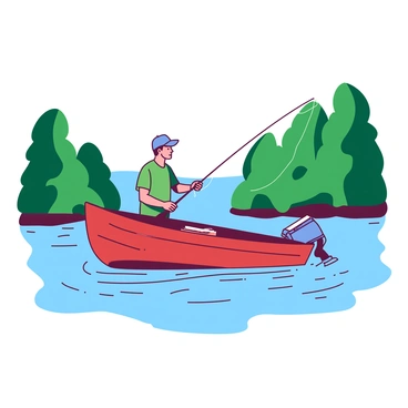 A small red boat is floating gently on a tranquil lake. Inside the boat, a fisherman wearing a blue hat is standing, casting a fishing line into the water. The lake's surface reflects the colors of the sky, with soft ripples emanating from where the line meets the water. Surrounding the lake, there are lush green trees that frame the scene, creating a sense of serenity. The fisherman appears focused, with a fishing rod in hand and a small tackle box resting beside him in the boat.