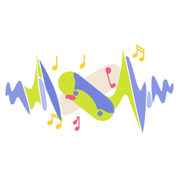 A skateboard logo featuring a stylized skateboard in the center, surrounded by vibrant blue and green dynamic sound waves radiating outward. Musical notes in various colors, such as yellow and red, are intertwined with the sound waves, creating a sense of movement. The background of the logo is a smooth gradient transitioning from light gray to dark gray, enhancing the overall design. The skateboard is positioned at an angle, giving it a sense of action and energy.