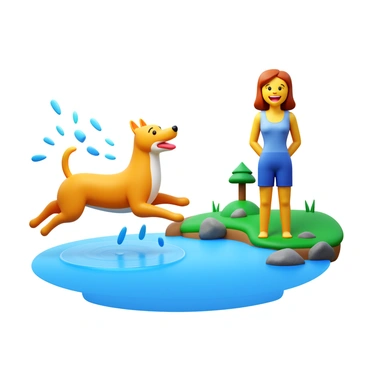 A playful dog with a golden coat is splashing in the shallow waters of a delta. The dog is leaping joyfully, sending droplets of water into the air. The owner, standing at the water's edge, is wearing a casual summer outfit. The owner's expression shows delight as they watch the dog play. Surrounding them are patches of green grass and a few small rocks, creating a natural setting. In the background, the outline of trees can be seen framing the scene.