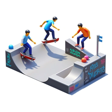 A group of teenagers practicing skateboarding tricks at a local skate park. There are three skateboarders in action: one performing an ollie over a ramp, another attempting a kickflip off a rail, and the third grinding along a ledge. The skate park features various obstacles, including ramps, rails, and bowls. The area is surrounded by graffiti-covered walls and scattered skateboards and helmets. The sun casts shadows on the concrete surface, highlighting the dynamic movements of the skateboarders.