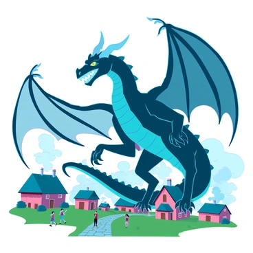 A large dragon with dark, shimmering scales and piercing yellow eyes casts an imposing shadow over a small, quaint village. The village is composed of thatched-roof cottages with smoke rising from their chimneys, surrounded by lush green fields and a winding cobblestone path. The dragon's wings are partially spread, highlighting its massive wingspan, while its claws are extended, creating a threatening silhouette. The villagers below are depicted as tiny figures, looking up in fear and awe at the ominous shape overhead, with expressions of panic on their faces. The sky is filled with swirling clouds, adding to the sense of dread in the atmosphere.