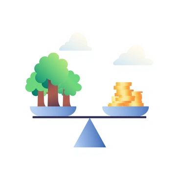 A balanced scale is centered in the image. On the left side of the scale, there are several green trees with thick trunks and lush foliage, representing nature. On the right side, there are multiple shiny ETF coins stacked neatly, reflecting light. The scale is perfectly balanced, indicating equality between the two sides. The background is a soft gradient that enhances the focus on the scale and its contents, highlighting the theme of sustainable investment.