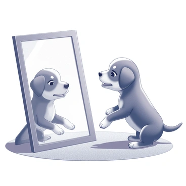 A playful puppy with a soft coat is tilting its head to one side, its ears perked up in curiosity. The puppy is gazing intently at its own reflection in a mirror positioned in a brightly lit room. The mirror reflects the puppy's expressive eyes and its slightly open mouth, as if in a state of wonder. The background includes a simple, unobtrusive wall and a soft rug beneath the puppy's paws, enhancing the focus on the interaction between the puppy and its reflection.