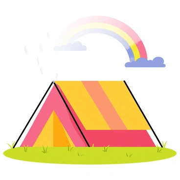 A colorful tent pitched in a grassy field with vibrant green grass. The tent has red and yellow stripes, and it is secured with stakes at the corners. Raindrops are visibly falling from a cloudy sky, creating small splashes upon the grass. In the background, a bright rainbow arches across the sky, its colors vivid against the dark clouds. The scene captures the contrast between the rain and the emerging rainbow, enhancing the atmosphere of the moment.