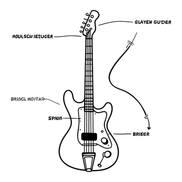 A detailed black-and-white illustration of an electric guitar. The guitar body is prominently displayed, showcasing its curves and contours. The pickups are depicted, clearly highlighting their positions on the body, with wires running from them. The bridge is illustrated in detail, capturing its mechanics and placement on the body of the guitar. Additional features include the fretboard with visible frets and strings extending from the headstock to the bridge. The illustration includes labels for each component, enhancing clarity and understanding of the guitar's design.