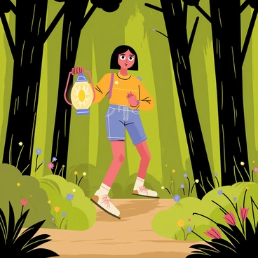 Meg is walking through a dense forest, surrounded by tall green trees with thick trunks. She is holding a glowing lantern that casts warm light, illuminating the path ahead. Shadows dance on the ground as the breeze rustles the leaves above. The lantern has intricate designs on its metal casing, and there are small flickering fireflies flitting around. In the background, hints of vibrant flowers peek through the underbrush, adding splashes of color to the earthy tones of the scene. Meg appears curious and determined, exploring the enchanting woodland.