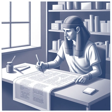 An ancient Egyptian scholar is seated at a wooden desk, deeply focused on solving a crossword puzzle. The desk is adorned with various tools of the trade, like a small ink pot and a quill. The scholar is wearing traditional linen garments, with intricate patterns. His face is marked with concentration as he examines the large papyrus scroll spread out before him, filled with hieroglyphs and crossword clues. The room is filled with shelves of clay tablets and scrolls, creating a scholarly atmosphere. Sunlight filters through a window, reflecting off the papyrus and casting shadows across the desk.