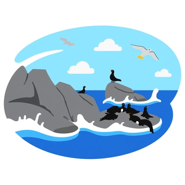 A rocky shoreline with crashing waves, seabirds, and seals basking in the sun
