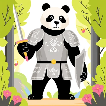 A panda wearing shiny silver armor stands confidently with a sword in one hand and a shield in the other. The armor has intricate designs etched into it, reflecting the light of the sun. The panda's black and white fur contrasts sharply with the metallic armor. Surrounding the panda is a vibrant fairytale forest, filled with tall, green trees and colorful flowers. Birds can be seen perched on branches, and a small stream flows gently in the background. The panda’s expression shows determination and readiness for adventure.