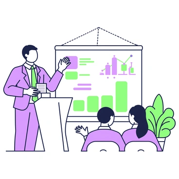 An entrepreneur is standing confidently at a sleek presentation podium, addressing a group of potential investors seated in front of him. He is dressed in a tailored suit with a crisp white shirt and a tie. In his hands, he holds a set of notes while using his other hand to gesture emphatically. Behind him, a large screen displays a colorful business presentation with key points, graphs, and an image representing growth. The investors are engaged, with one taking notes and another leaning forward, showing interest. The room is well-lit, with modern decor and a few potted plants in the background.