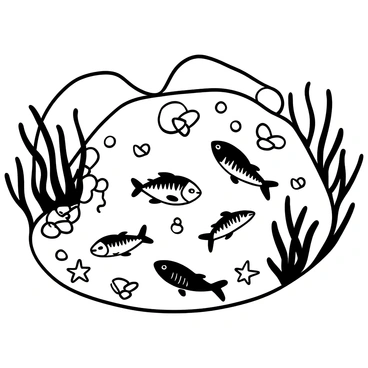 A tide pool filled with various shapes and textures, featuring multiple mackerel swimming gracefully among the rocks. Starfish are scattered across the sandy bottom, their arms spread wide. Clumps of seaweed sway gently in the water, creating a natural habitat for the marine life. The surface of the water reflects the surrounding elements, adding to the depth of the scene.