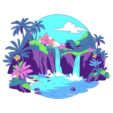 A vibrant landscape of a fantasy island features two majestic waterfalls cascading down rocky cliffs into a pool of crystal-clear waters below. The waterfalls create a mist that catches the light, while colorful exotic plants with large leaves and bright flowers surround the water's edge. Lush greenery covers the island, with palm trees swaying gently in the breeze. The sky overhead is bright blue, contrasting with the vivid colors of the plants and the clear turquoise waters.