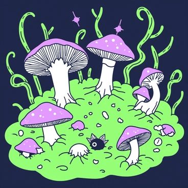 An enchanted bog is filled with various species of mushrooms, all glowing softly in the dim light. The mushrooms vary in size and shape, with some having elongated, slender stalks while others are short and stout. Shadows dance among the dense underbrush, hinting at the presence of magical creatures. These creatures are partially concealed, with only glimpses of their shapes visible—some have delicate wings, while others have unusual features like bright eyes or shimmering scales. The ground is covered with a thick layer of moss, and small pools of water reflect the faint glow of the mushrooms. Twisting tree roots create natural patterns and pathways through the bog, enhancing the mysterious atmosphere.