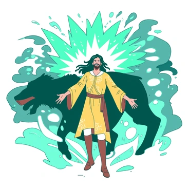 A burst of magical light fills the scene as a tall, regal prince emerges from a transformed beast. The prince stands in the center, with flowing dark hair and a shining golden tunic embellished with intricate designs. His arms are outstretched, as if embracing the moment. Surrounding him are swirling sparks of teal and white magic that illuminate the surrounding area. The background is filled with ethereal glows and swirling colors, emphasizing the dramatic transformation. The expression on the prince's face is one of relief and joy, capturing the essence of this pivotal moment.