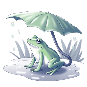 A green frog is positioned on a wet surface, with its legs tucked beneath its body. The frog is looking up, seemingly content, as droplets of water fall around it. Above the frog, a large leaf serves as an umbrella, providing shelter from the rain. The leaf has prominent veins and curves, creating a protective canopy. The background consists of blurred greenery, contributing to the sense of a natural environment. Each raindrop reflects light as it lands, creating a dynamic scene with movement.