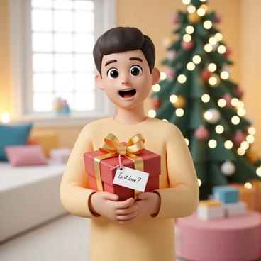 A person surprised by a beautifully wrapped gift with a note that reads 'Is it love?'