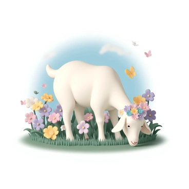 A gentle goat with soft white fur is grazing peacefully in a vibrant flower-filled meadow. The goat has a delicate crown made of colorful wildflowers, with shades of purple, yellow, and pink blooms adorning its head. The meadow is abundant with various flowers, creating a lively backdrop, and lush green grass surrounds the goat's feet. Small butterflies flutter around the goat, adding a touch of movement to the serene environment. The sky above is clear and blue, completing this picturesque scene.