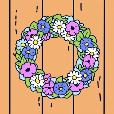 A delicate wreath made of colorful wildflowers, including daisies, lavender, and poppies, is hanging on a rustic wooden door. The door has a weathered texture with visible wooden grains and a natural brown hue. The wreath is circular in shape and features a mix of vibrant greens from the foliage intertwined with the flowers. The sunlight gently illuminates the wreath, highlighting its natural details against the contrasting door.