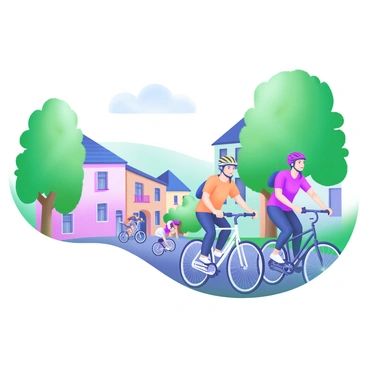 A modern pastel illustration depicting several people commuting on bicycles along a picturesque street in Grenoble. The scene includes various cyclists, both men and women, wearing colorful helmets and casual clothing. Lush green trees line the sides of the street, and quaint buildings with pastel-colored facades and balconies are visible in the background. The sky is clear and bright, adding an inviting atmosphere to the scene. Some cyclists are smiling, while others are focused on their ride, creating a dynamic and lively urban setting.