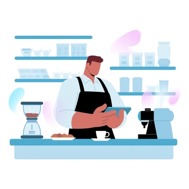 A coffee shop owner is standing behind the counter, focused on a tablet in their hands. The owner is wearing a dark apron over a light-colored shirt. On the counter, there are various coffee-making tools such as a coffee grinder and an espresso machine. Shelves behind the owner display neatly arranged coffee bags and pastries. A steaming cup of coffee sits beside the tablet, with a small plate of cookies next to it. The atmosphere is warm and inviting, with gradient pastel colors adorning the walls and decor.