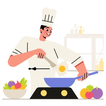 A chef wearing a white apron and a tall chef's hat is standing in a bright kitchen. The chef is mid-action, flipping a perfectly cooked fried egg with a stainless steel spatula. The frying pan is on a black stove, and the egg is airborne, with a golden yolk shining in the light. There are various colorful vegetables and spices on the countertop, alongside a bowl of mixed salad ingredients. The kitchen has bright white cabinets and a window letting in sunlight, illuminating the scene.