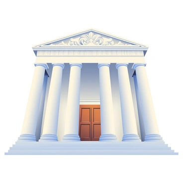 An imposing facade of a supreme court building is depicted, showcasing grand classical pillars that stretch upwards. The pillars are made of light-colored stone and are intricately designed with detailed carvings. Above the pillars, a large archway is adorned with decorative elements, adding to the grandeur of the structure. The entrance features large wooden doors, flanked by smaller columns. The sky is clear and bright, casting gentle shadows across the building's facade, emphasizing its majestic presence.